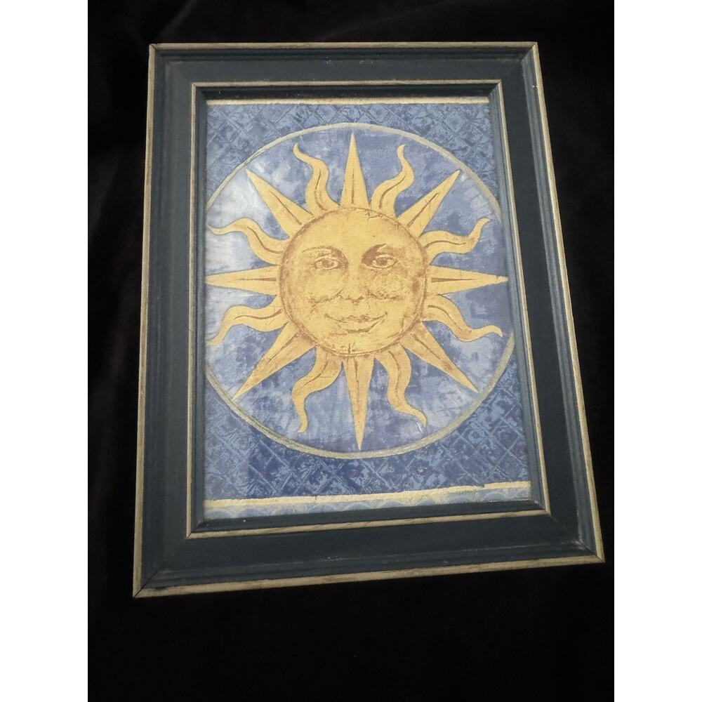 90s Vintage Celestial Sun Print Wood Framed Art 10x8in Blue Whimsygoth Moon Star